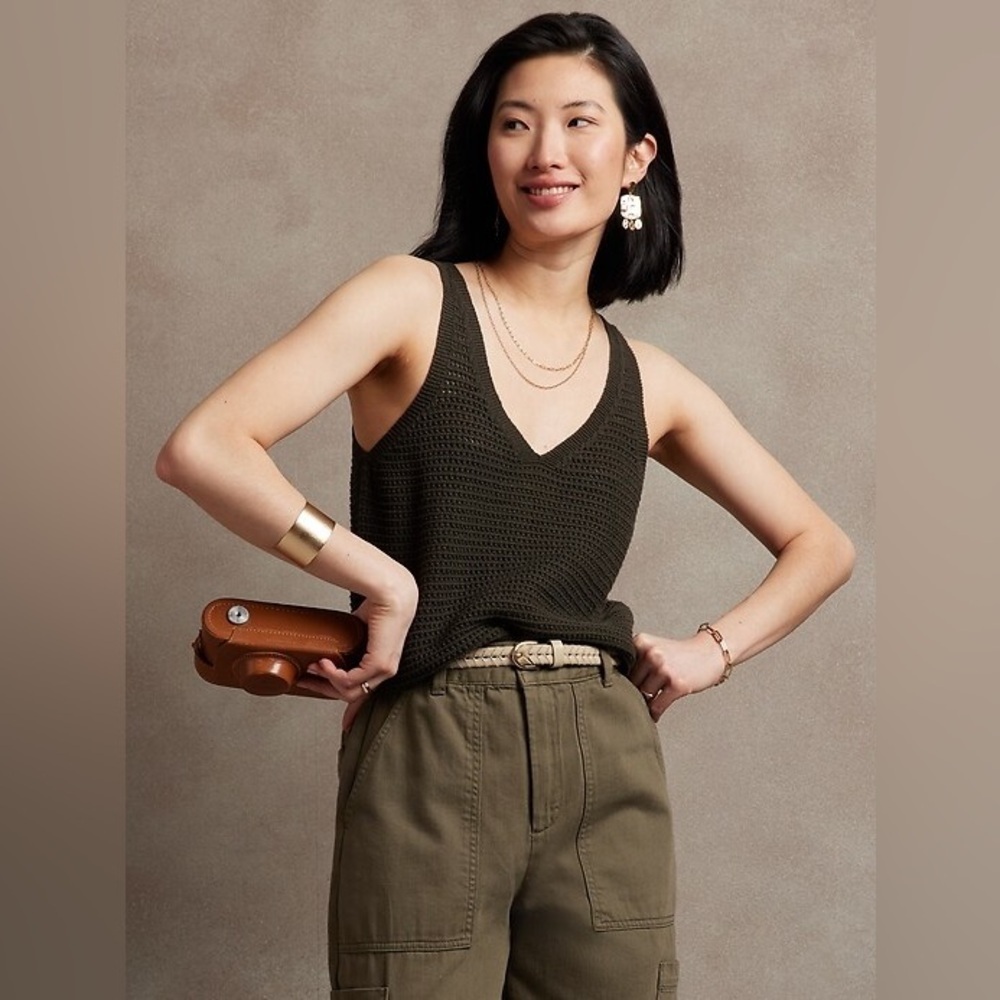 Banana Republic Cotton Open-Stitch Sleeveless Sweater Top, Dried Palm/Green